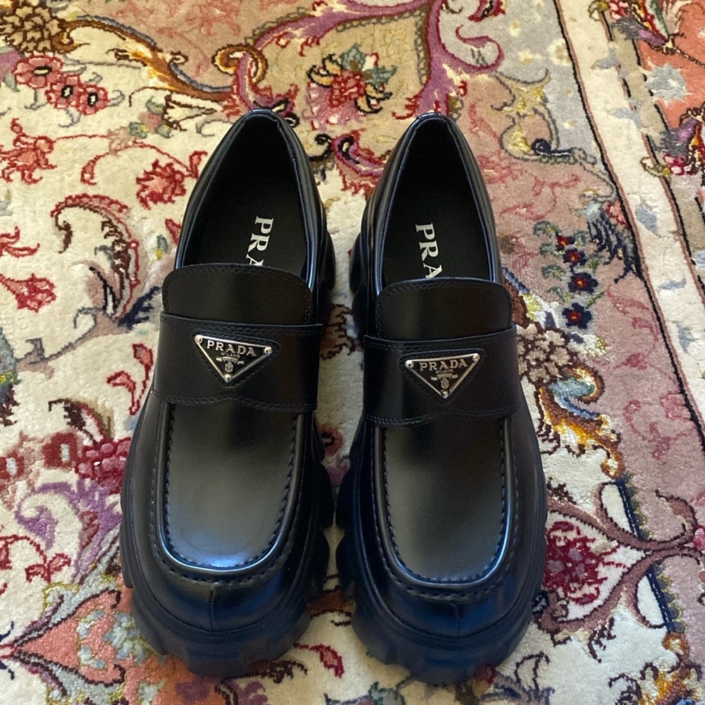 Prada Monolith Lug Sole Brushed Leather Loafers